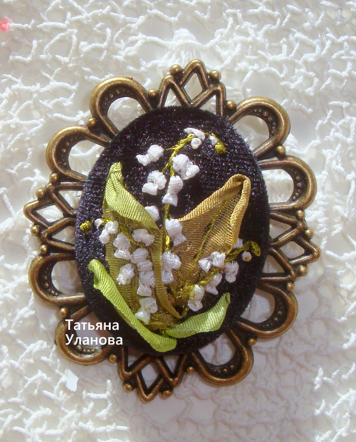 Brooch with lilies of the valley - My, Embroidery with ribbons, Decoration, Brooch, Needlework without process, Handmade