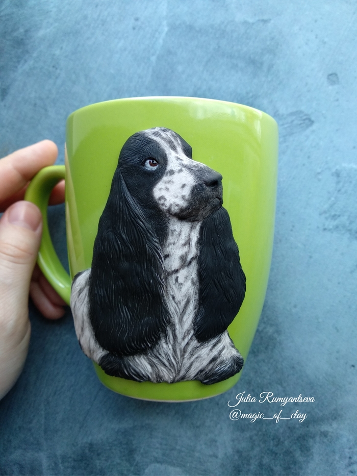 Mug Spaniel - Spaniel, Dog, Mug with decor, Portrait mug, Polymer clay, Needlework, Needlework without process, Longpost, My