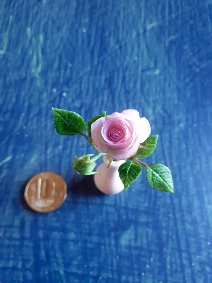 Miniature rose made of polymer clay. - My, Miniature, Polymer clay, Flowers, Handmade, the Rose, Needlework without process, Longpost