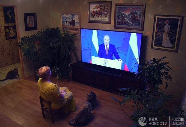 A pensioner watches the Annual Address of the President of the Russian Federation Vladimir Putin to the Federal Assembly 2019 - Russia, Not politics