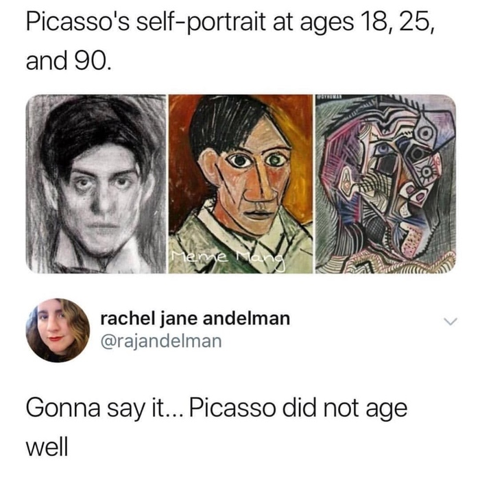 Self-portraits of Pablo Picasso at 18, 25 and 90 - Artist, Self-portrait, Picture with text, Old age