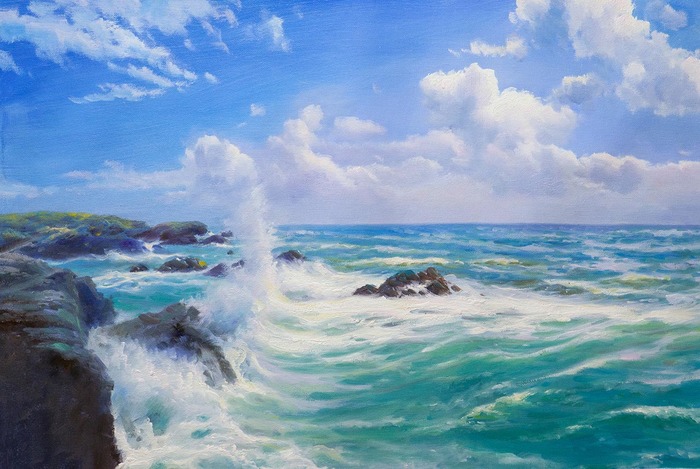 Aquamarine - Sea, Wave, The rocks, Foam, Painting, Painting, Art, Interior