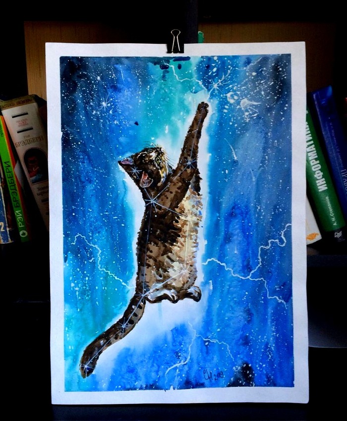 constellation cat - My, Art, Creation, Watercolor, cat, Animals, Space, Longpost, Constellations, Drawing