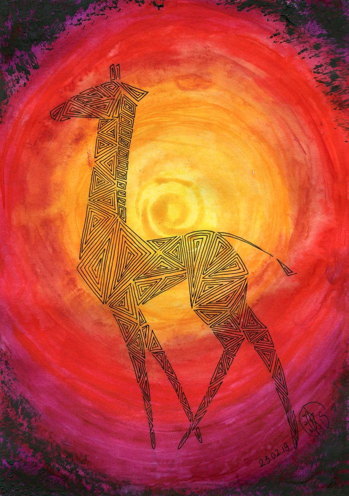 Sunset in Africa. - My, Drawing, Watercolor, Graphics, Giraffe, Sunset, Savannah, Africa