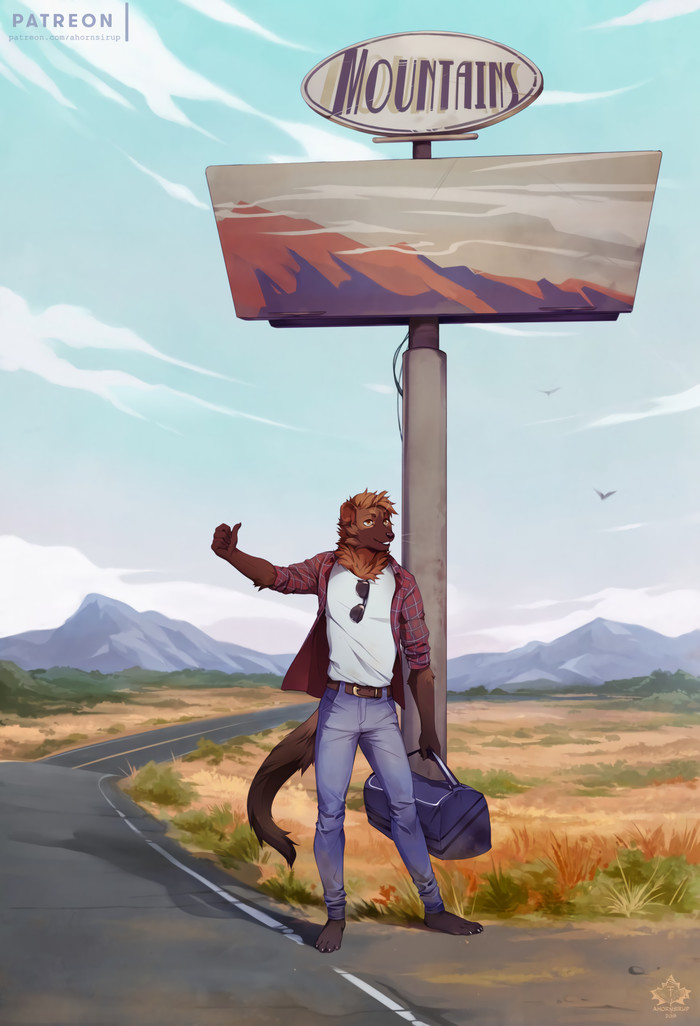 Hitchhiking - Furry, Furry art, Anthro, Furry Mustelidae, Hitch-hiking, Collab, Diesel Wiesel, Volcanins