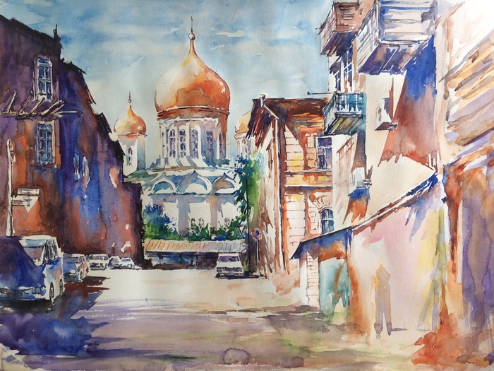 The cathedral - My, Watercolor, Landscape, Rostov-on-Don, Old Rostov, The cathedral
