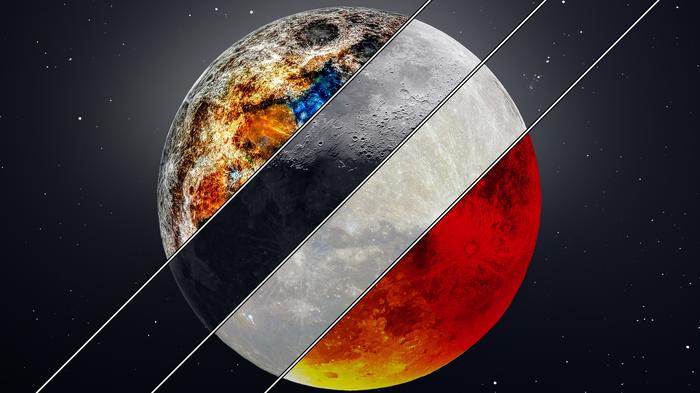 Четыре вида Луны Луна, Фотография, Космос, Коллаж, Reddit, Комбинированные съемки, Астрономия