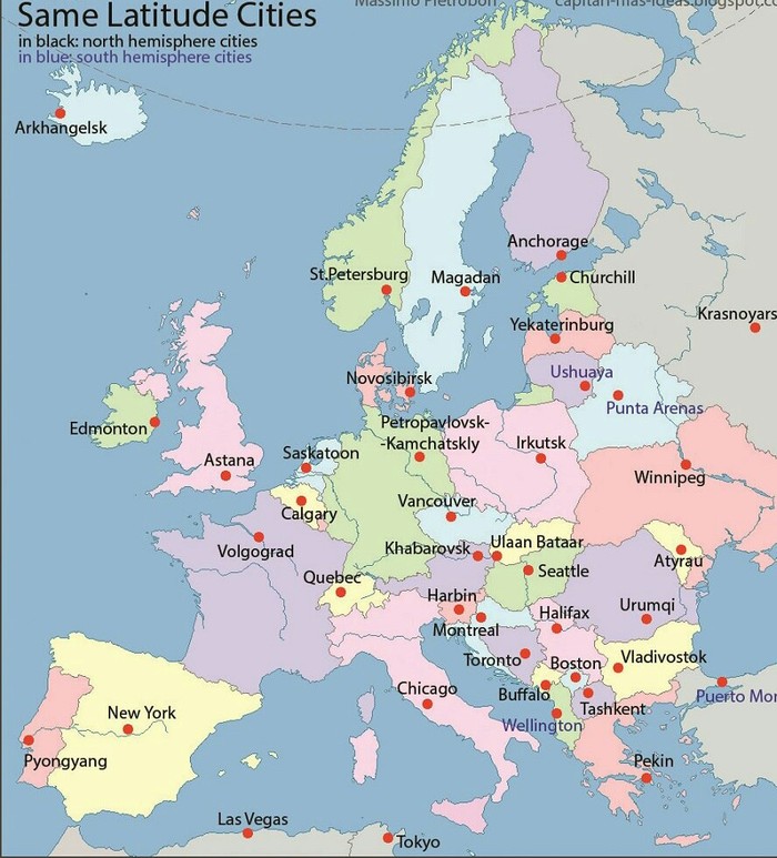 Cities on the site of the capitals of European countries located at the same latitude. - Country, Capital, Latitude, Cards, Europe
