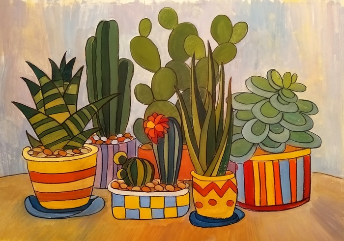 Cactus - My, Painting, Drawing, Tempera, Art, Colour pencils, Cactus, Houseplants