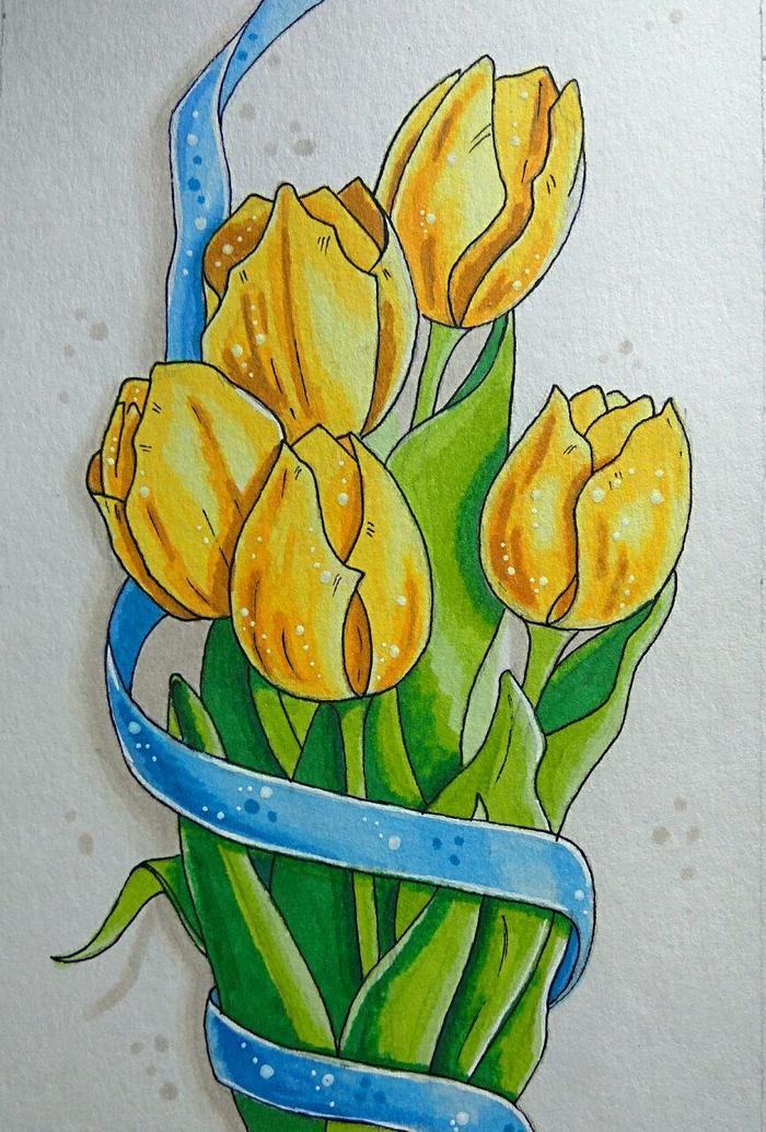 Tulips - My, Drawing, Sketch, Tulips, Longpost, Flowers, Marker