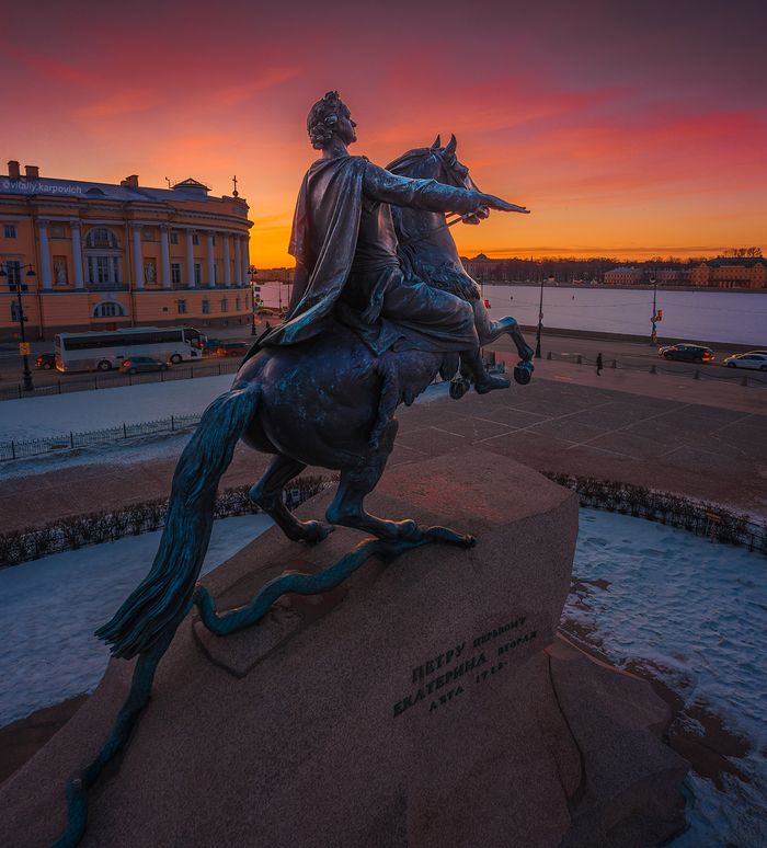 The Bronze Horseman on a warm sunset on a frosty day - Mavic2pro, The photo, Aerial photography, Saint Petersburg, Bronze Horseman, , My