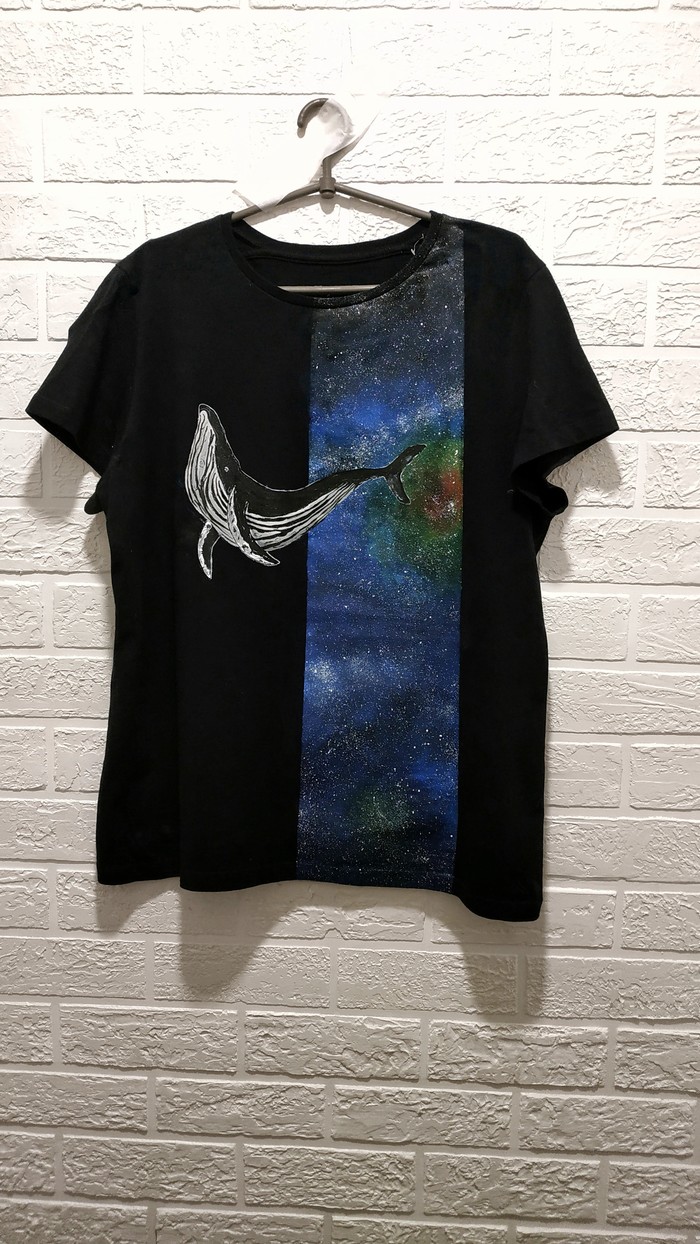 T-shirt painting - With your own hands, Acrylic, Whale, Space, My, Painting on fabric, Handmade