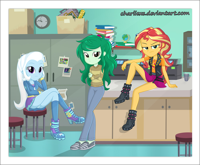   My Little Pony, Equestria Girls, Trixie, Wallflower Blush, Sunset Shimmer, MLP Edge, Charliexe, Ponyart