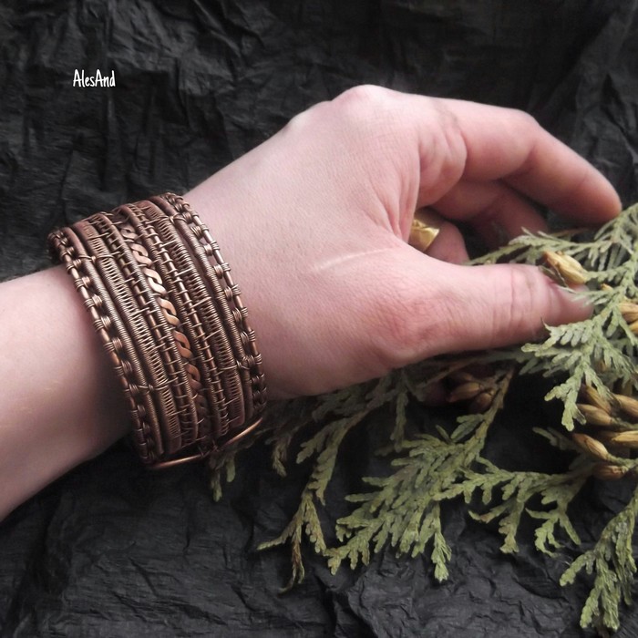 Wide copper bracelet. - My, Handmade, Wire wrap, Decoration, Copper, Needlework without process, Longpost