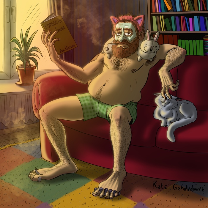 morning man - My, Procreate, Digital drawing, Morning, The male, cat, Pride and Prejudice, GIF, Cigarettes, Drawing, Men