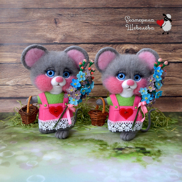 Twin mice Ellie and Emmy - My, Mouse made of wool, Mouse, Dry felting, Forget-me-nots, Cold porcelain, Wool toy