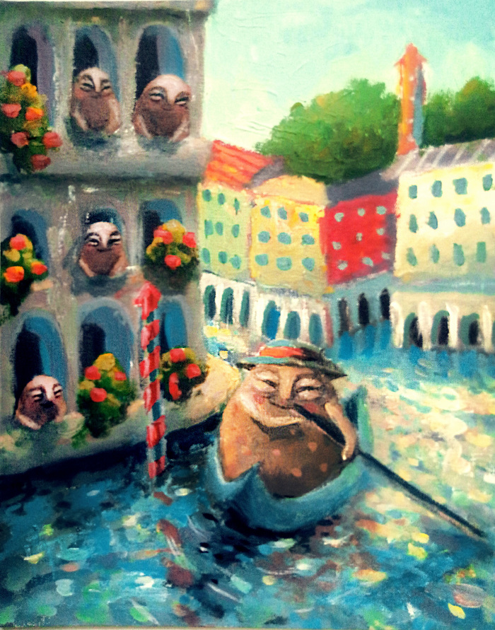 Potatoes in Venice, acrylic on canvas, 30*24 cm - My, Potato, Venice, Italy, Gondola, Water, Summer, Acrylic, Painting