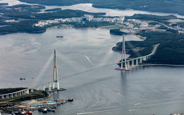 Vladivostok Russian Bridge and FEFU - Vladivostok, Russian Bridge, Bridge, FEFU, The photo, Primorsky Krai, Дальний Восток, Sea