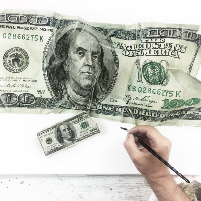 100 dollars - My, Watercolor, Money, Dollars, Franklin, Drawing, Painting, GIF, Video, Longpost, Hyperrealism, Bill