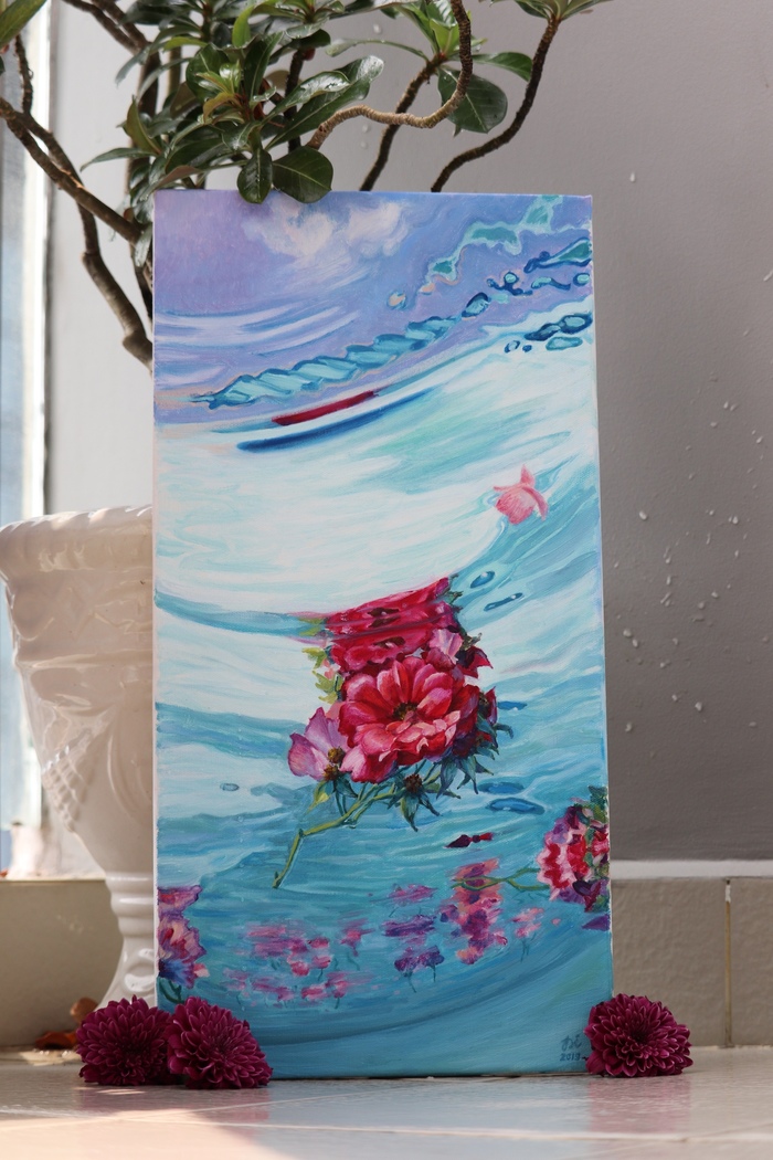 Floating beauty - My, Painting, Oil painting, Canvas, Art, Flowers, Water, Ocean, Longpost, Painting