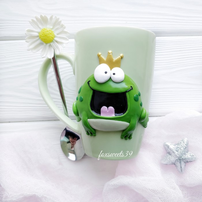 Frog on a mug) - My, Handmade, Polymer clay, Mug with decor, Princess Frog, Chamomile