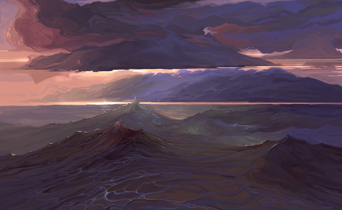 distant sea - My, Photoshop, Painting, Digital drawing, Drawing, Landscape, Horizon, The mountains, Clouds