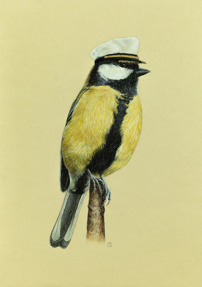 Big - My, Birds, Pastel, Drawing, Animalistics, Realism, Tit, Birds in hats