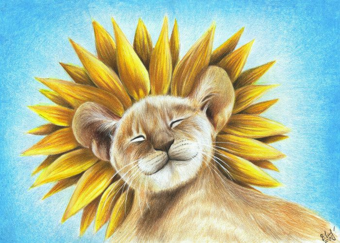 sunflower lion cub - My, Lion cubs, Colour pencils, Art, Drawing, Vera Izotova, Illustrations, Milota, Animals