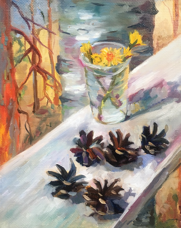 Spring - My, Spring, Cones, Still life, Butter, Coltsfoot, Flowers, Painting