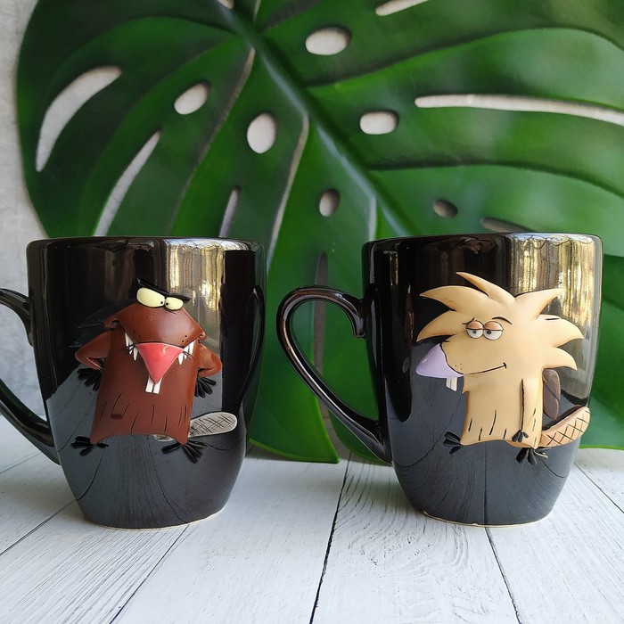 Mugs with cool beavers - My, Mug with decor, Cool Cartoon Beavers, Cartoon characters, Polymer clay, Needlework without process