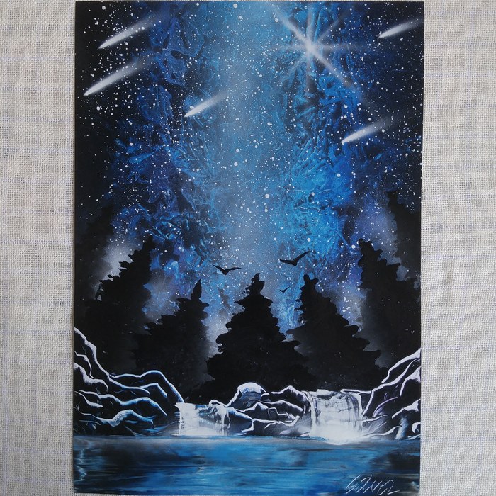 Процесс создания картины в технике Spray paint art Spray Art, Видео, Влюбленные, Луна, Длиннопост, Картина, Пейзаж, Вода, Космос