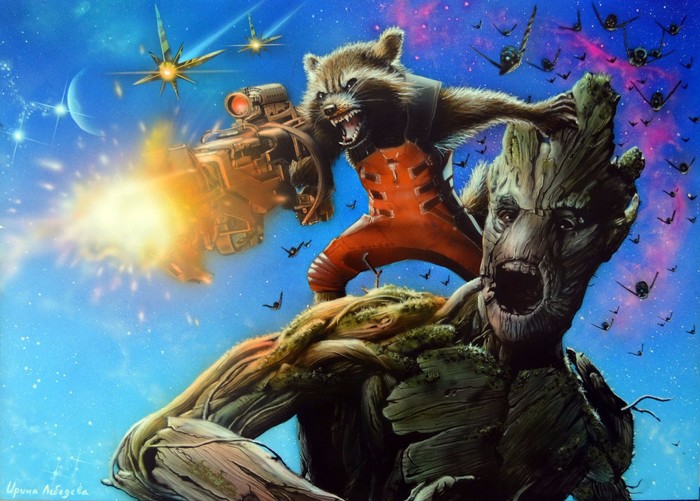 Guardians of the Galaxy. Aerography - My, Guardians of the Galaxy, Airbrushing, Longpost, Painting, Characters (edit), Marvel, Movies, Groot, Raccoon Rocket