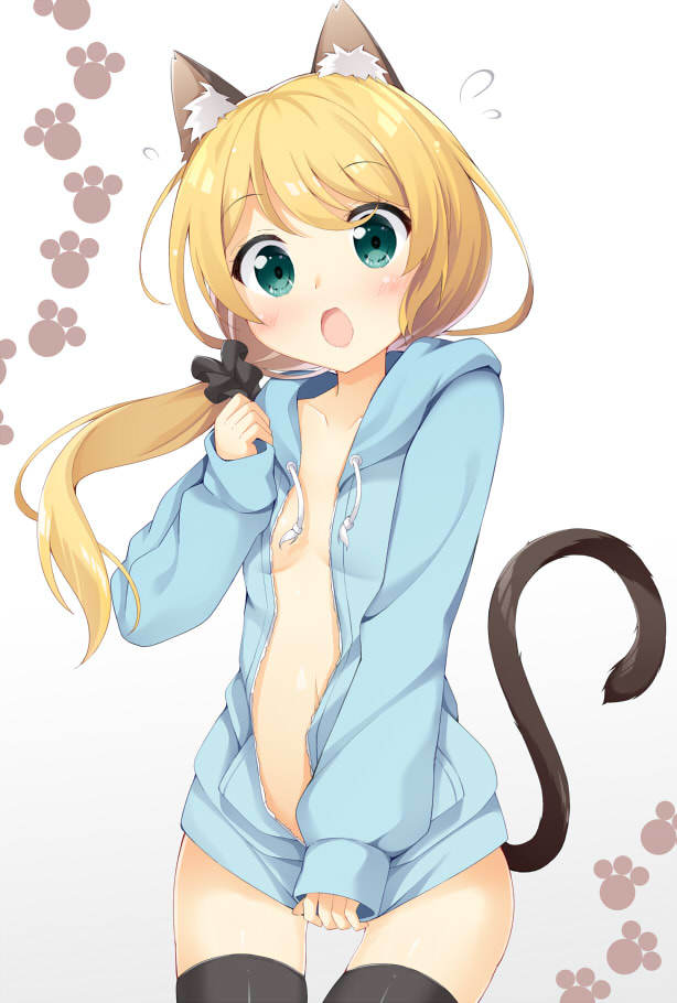 Naked with hoodie - NSFW, Anime, Anime art, Anime original, Animal ears, , Breast, Nipples, Pantsu, Longpost