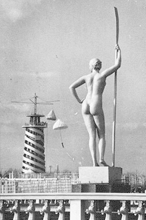 1936 Moscow View of the Parachute Tower from the emb. M. Gorky (Central Entrance to the Park) - the USSR, Story, Sculpture, Gorky Park, Moscow, , 1936