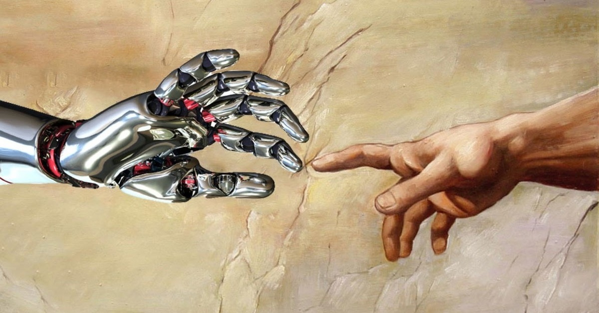 Как сделать человека бессмертным. Сотворение Адама Микеланджело робот. Сотворение Адама трансгуманизм. Рука робота и человека. Робот и человек иллюстрация.