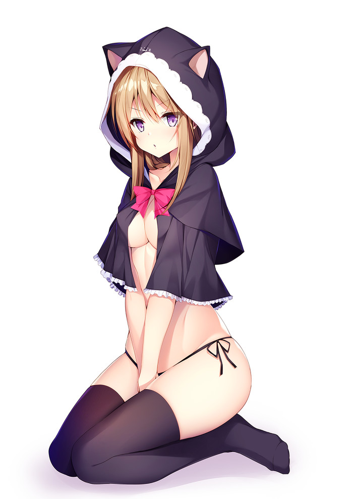 Anime art - NSFW, Anime Art, Anime Original, Аниме, Чулки, Нижнее белье, Naked with hoodie, Animal Ears