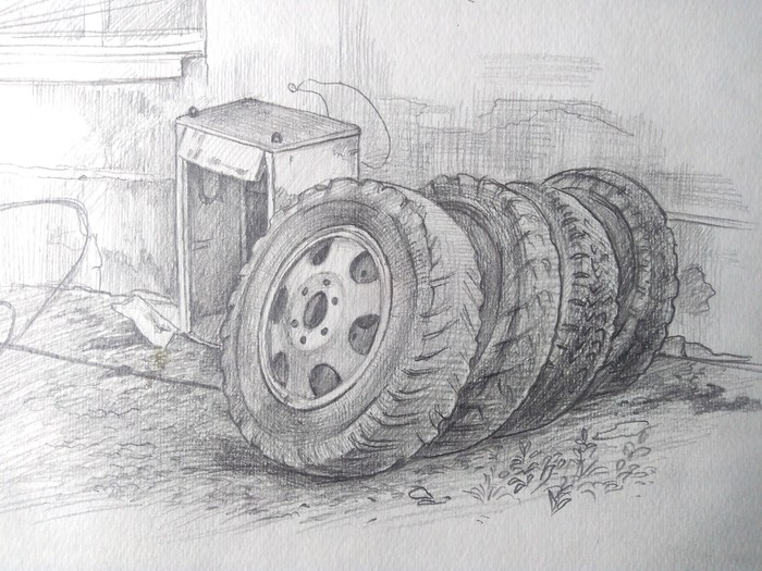 In the backyards. Or age of survival - My, Pencil drawing, Drawing, ECO, Ecology, Russia, Wheels, Колесо