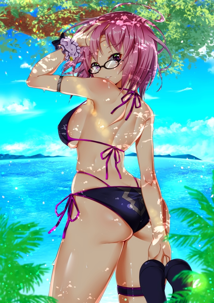 I want to go on vacation... - NSFW, Anime, Anime art, Fate, Swimsuit, Breast, Sea, Glasses