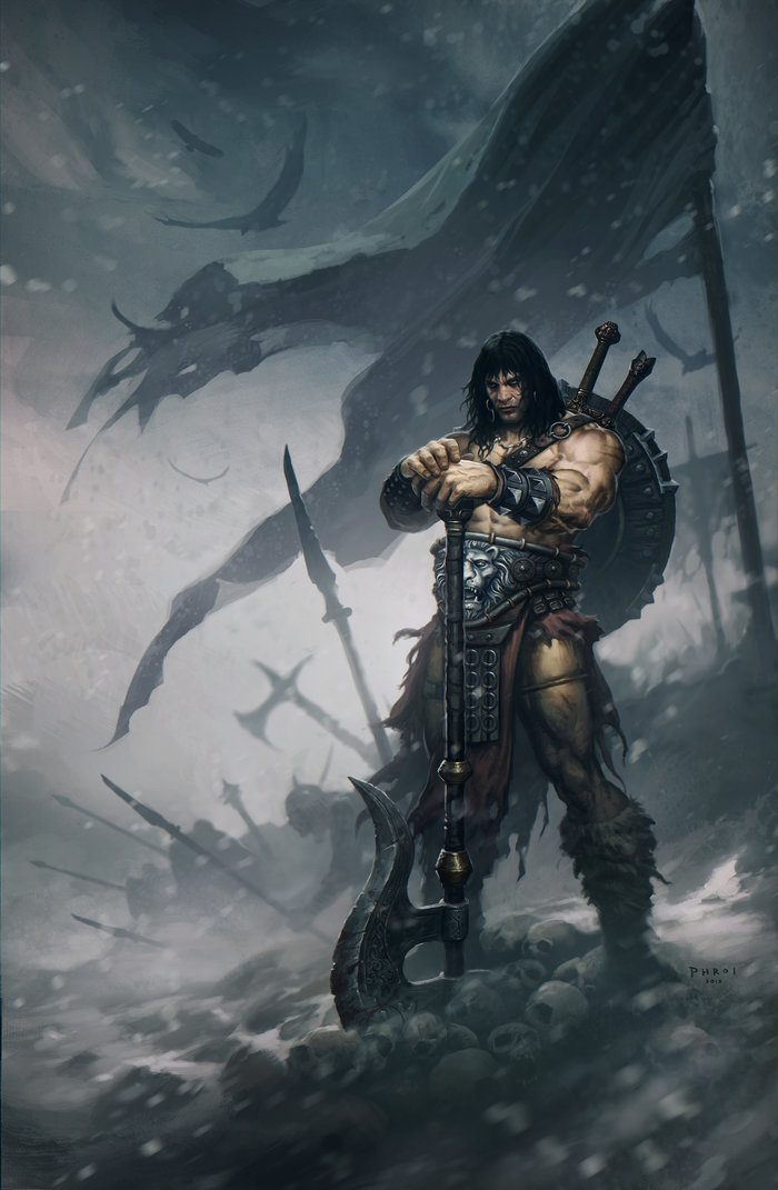 Conan the Destroyer - Axe, Scull, Barbarian, Conan, Robert Howard, Drawing, Art