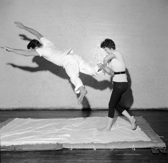 Self-defense demonstration for women, 1955. - Story, USA, Self defense, Black and white photo