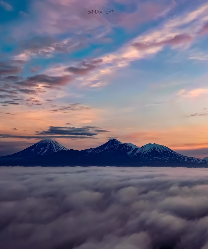 Sunrise - My, Kamchatka, Fog, Dji, , Nature, Sky, dawn, Sunrises and sunsets, Volcano