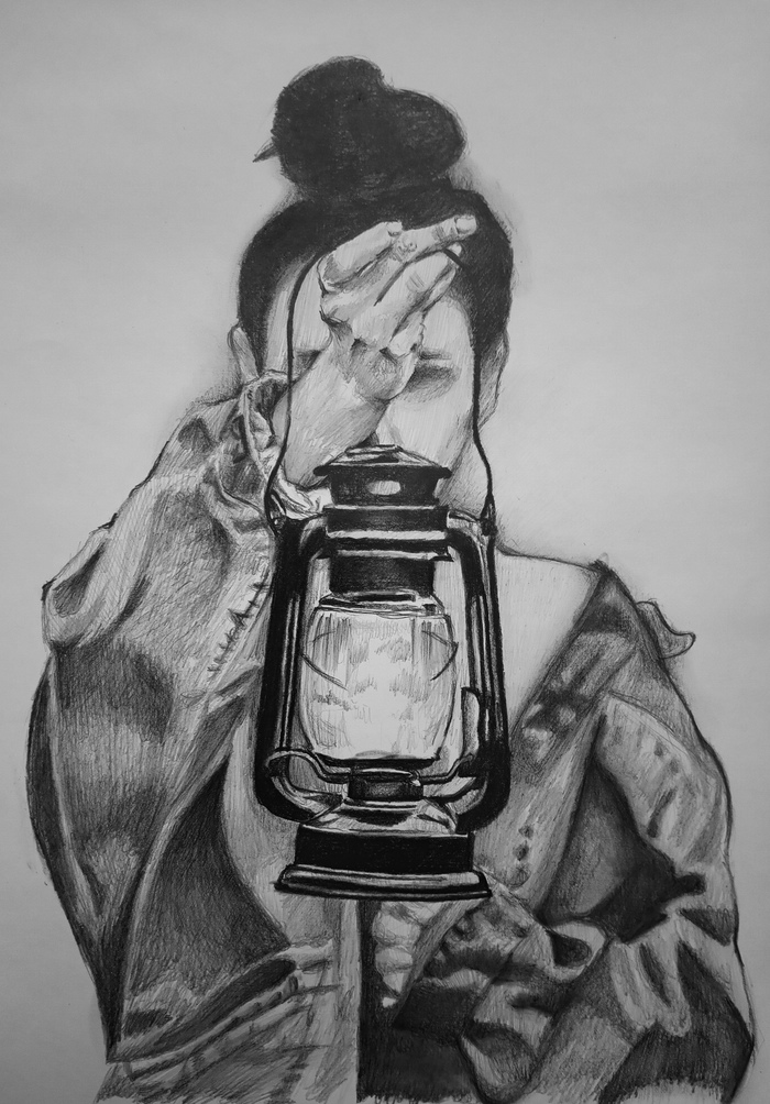 Pencil - My, Pencil drawing, Girls, Lamp, Shimaxay13