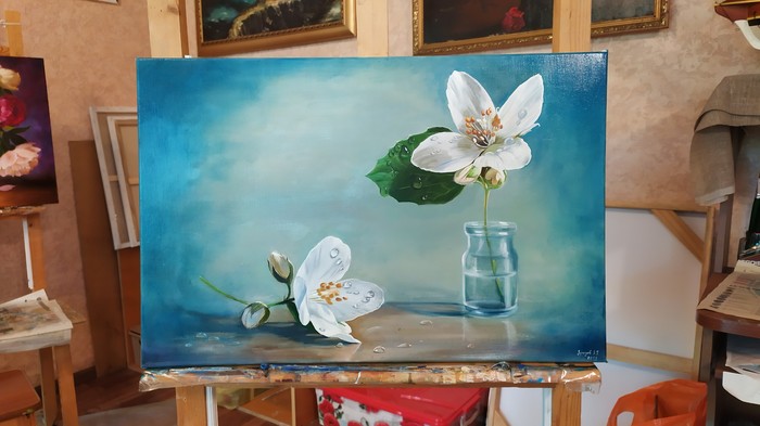 Jasmine HM, 40x60 - My, Painting, Painting, Longpost, Oil painting, Photorealism, Flowers, Chubushnik