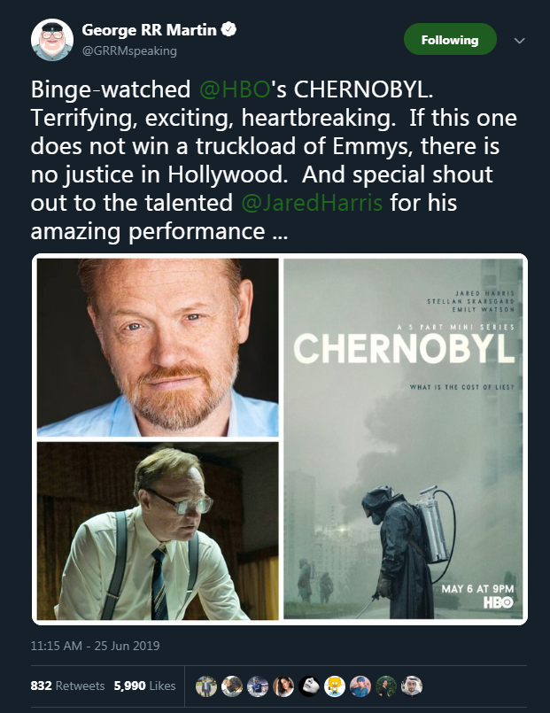 When even George Martin is a fan of the Chernobyl series at the future Emmy ceremony. - George Martin, Emmy, Reddit, Twitter, Chernobyl HBO, Game of Thrones, Emmy Awards
