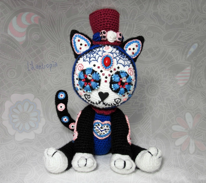 Sugar Skull Cat - My, cat, The day of the Dead, Sugar skull, Amigurumi, Crochet, Knitted toys