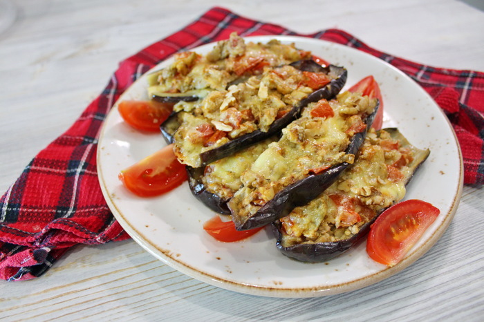 Baked eggplant with cheese and tomatoes - My, Video recipe, Recipe, Eggplant, Second, Food, Cooking, Video, Longpost