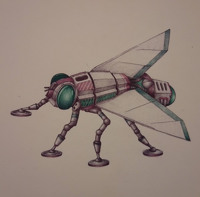 Robot - fly or the first dung-galactic transporter - My, Pen drawing, Graphics, Муха, Robot, Robotics, Insects, Drawing