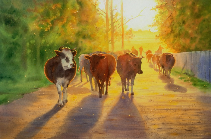 Summer in the village. - My, Watercolor, Cow, Painting, Village, Animals, Herd, Light, Drawing