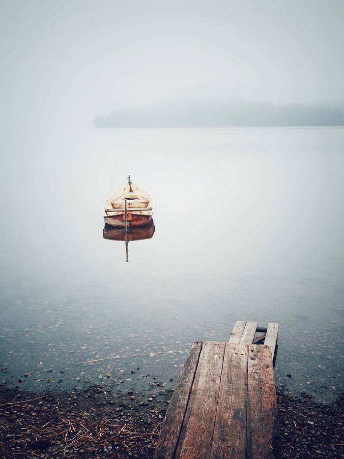Boat in Sarunlahti Bay - My, The photo, Landscape, Fog, A boat, Olympus