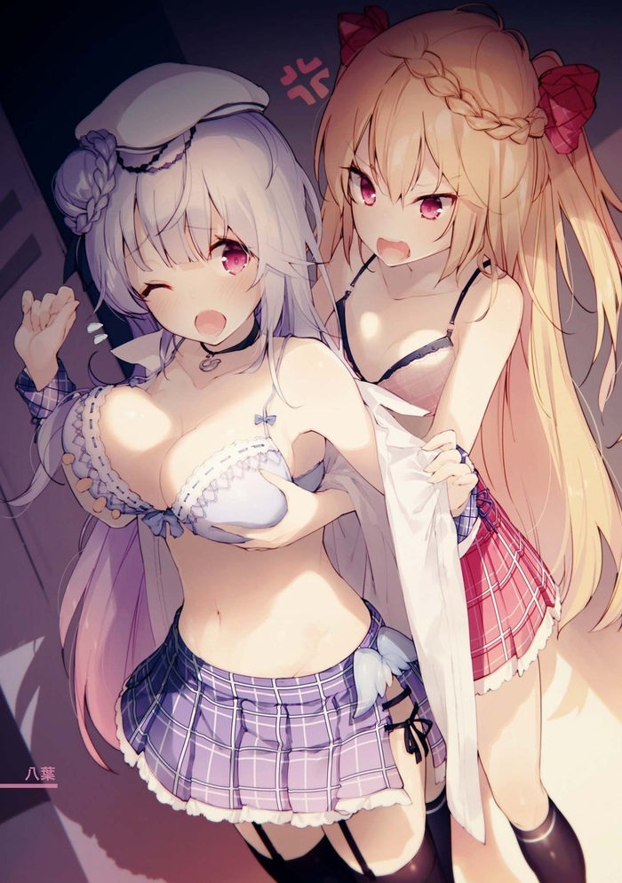 Crescent and Cygnet - NSFW, , Azur lane, Cygnet, Anime art, Anime, Breast, Bra, Stockings